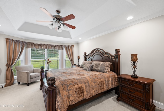5484 Shadow Branch Ln, Corryton, TN 37721 - bedroom featuring light carpet, a tray ceiling, recessed lighting, a ceiling fan, and crown molding