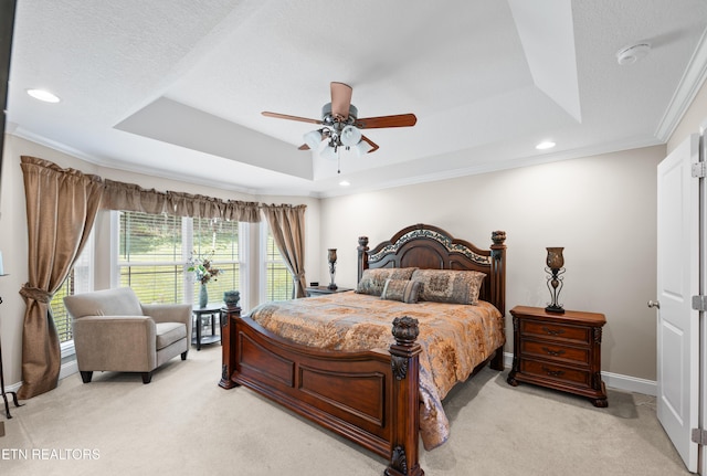 5484 Shadow Branch Ln, Corryton, TN 37721 - bedroom with a tray ceiling, light colored carpet, ornamental molding, recessed lighting, and ceiling fan