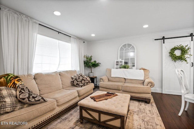 150 Scott Dr, Huntsville, TN 37756 - living area featuring a barn door, dark wood-style flooring, crown molding, and recessed lighting