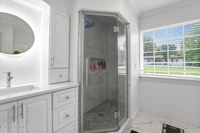 150 Scott Dr, Huntsville, TN 37756 - full bathroom featuring marble look tiles, vanity, and a marble finish shower