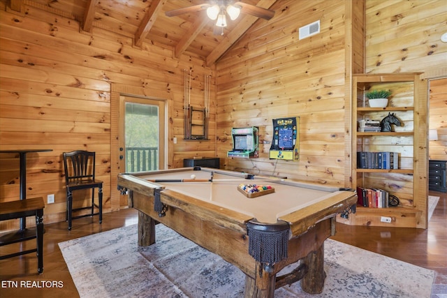 3206 Falling Leaf Way, Pigeon Forge, TN 37863 - playroom with wood walls, a ceiling fan, a wooden ceiling with exposed beams, billiards, and high vaulted ceiling