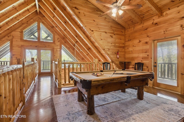 3206 Falling Leaf Way, Pigeon Forge, TN 37863 - game room featuring pool table, wooden walls, wooden ceiling, hardwood / wood-style floors, and ceiling fan