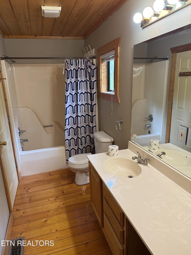 2006 Regans Ridge Way, Sevierville, TN 37876 - bathroom featuring wood ceiling, vanity, shower / bathtub combination with curtain, and hardwood / wood-style floors