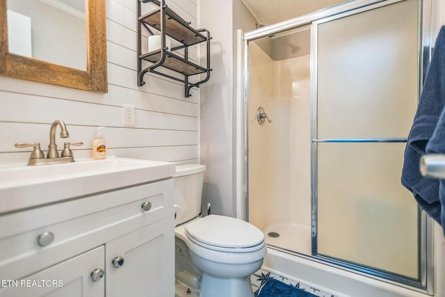 769 Gilmore Rd, Bean Station, TN 37708 - full bathroom featuring a stall shower, vanity, and wood walls