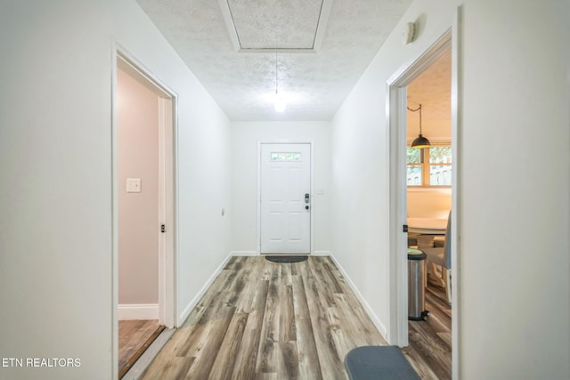 769 Gilmore Rd, Bean Station, TN 37708 - corridor featuring wood finished floors, a textured ceiling, and attic access