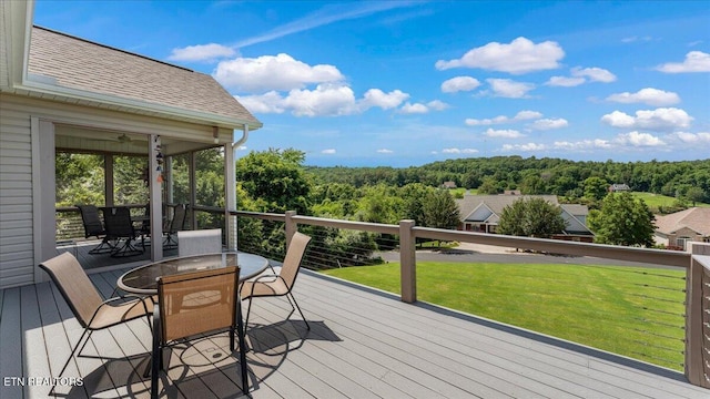 214 Unutsi Trl, Vonore, TN 37885 - wooden terrace with outdoor dining area, a yard, and a wooded view