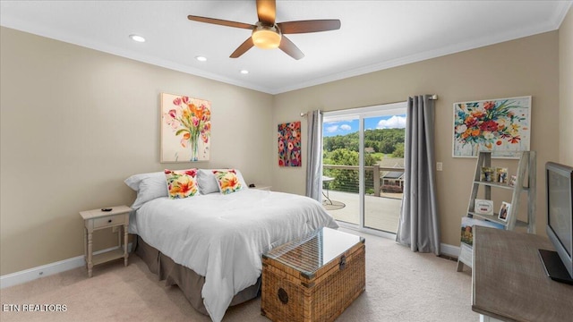 214 Unutsi Trl, Vonore, TN 37885 - bedroom with access to exterior, light carpet, crown molding, recessed lighting, and a ceiling fan