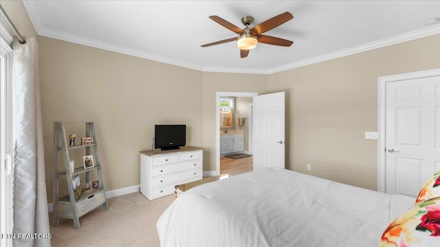 214 Unutsi Trl, Vonore, TN 37885 - bedroom with ornamental molding, light carpet, ceiling fan, and ensuite bath