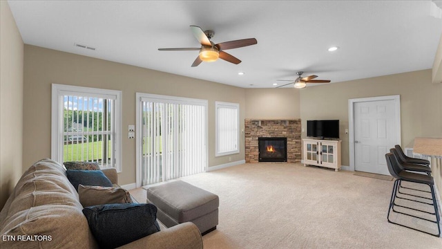 214 Unutsi Trl, Vonore, TN 37885 - living area featuring ceiling fan, a fireplace, light colored carpet, and recessed lighting