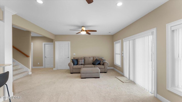 214 Unutsi Trl, Vonore, TN 37885 - living room featuring ceiling fan, light carpet, stairs, and recessed lighting