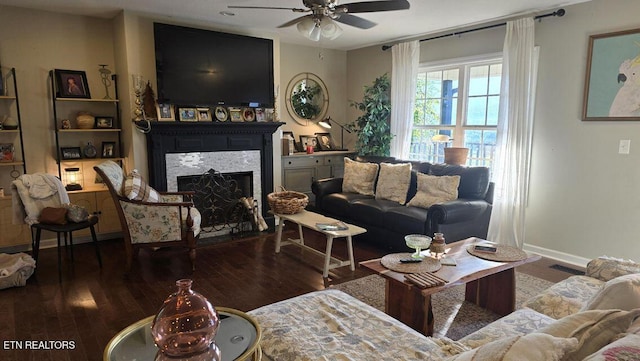 331 Hardin Rd, Dunlap, TN 37327 - living area featuring ceiling fan, a fireplace, and hardwood / wood-style flooring
