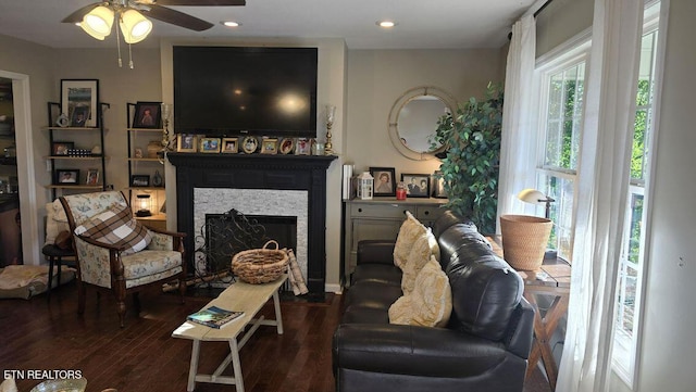 331 Hardin Rd, Dunlap, TN 37327 - living room featuring a ceiling fan, wood finished floors, a fireplace, and recessed lighting