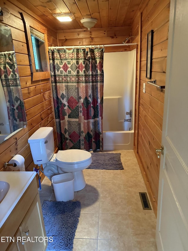 1960 Regans Ridge Way, Sevierville, TN 37876 - bathroom with wooden walls, vanity, wooden ceiling, tile patterned flooring, and shower / bathtub combination with curtain