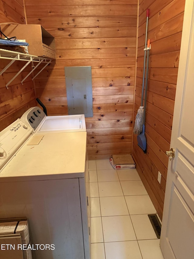 1960 Regans Ridge Way, Sevierville, TN 37876 - laundry area featuring electric panel, washer and dryer, light tile patterned floors, and wooden walls