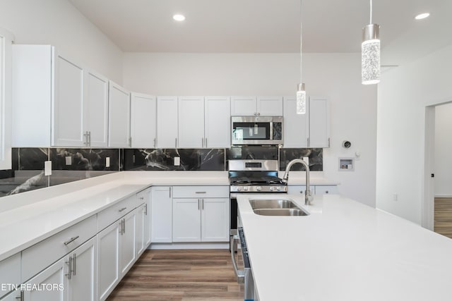 2824 Linden Ave, Knoxville, TN 37914 - kitchen featuring stainless steel appliances, tasteful backsplash, recessed lighting, dark wood-style flooring, and white cabinetry