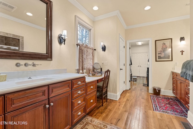 453 Mount John Loop, Townsend, TN 37882 - full bathroom featuring vanity, hardwood / wood-style flooring, crown molding, and recessed lighting