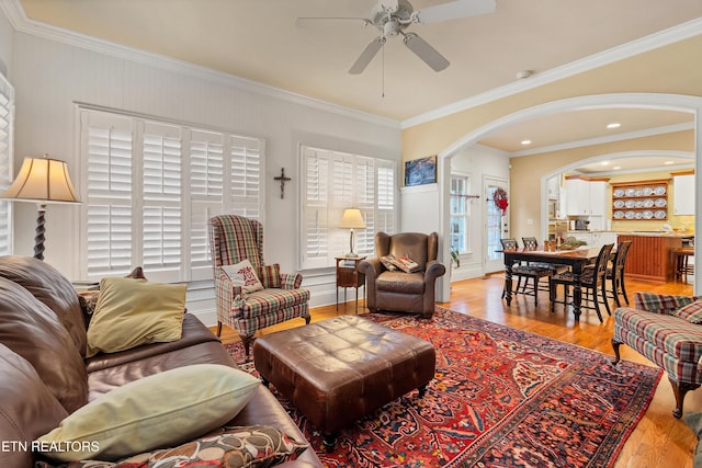 453 Mount John Loop, Townsend, TN 37882 - living room with arched walkways, ceiling fan, light wood-type flooring, and ornamental molding