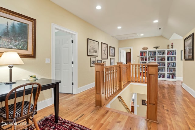 453 Mount John Loop, Townsend, TN 37882 - hall with an upstairs landing, light wood finished floors, an office area, vaulted ceiling, and recessed lighting