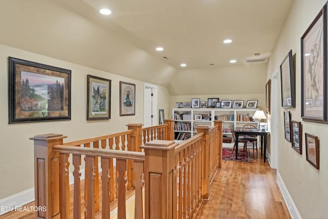 453 Mount John Loop, Townsend, TN 37882 - hall with an upstairs landing, light wood-style flooring, vaulted ceiling, and recessed lighting
