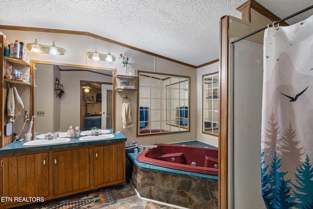 205 County Road 652, Athens, TN 37303 - bathroom with curtained shower, ornamental molding, a whirlpool tub, double vanity, and a textured ceiling
