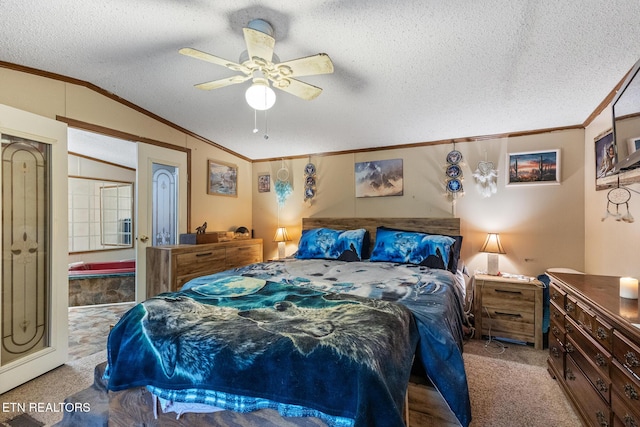 205 County Road 652, Athens, TN 37303 - bedroom featuring crown molding, carpet flooring, lofted ceiling, a textured ceiling, and ceiling fan