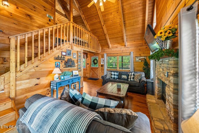 664 Kings Hills Blvd, Pigeon Forge, TN 37863 - living room featuring wood walls, a wooden ceiling with exposed beams, wood finished floors, high vaulted ceiling, and ceiling fan