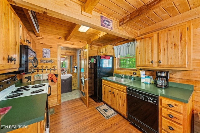 664 Kings Hills Blvd, Pigeon Forge, TN 37863 - kitchen with black appliances, a wood ceiling with exposed beams, wooden walls, and light wood-style flooring