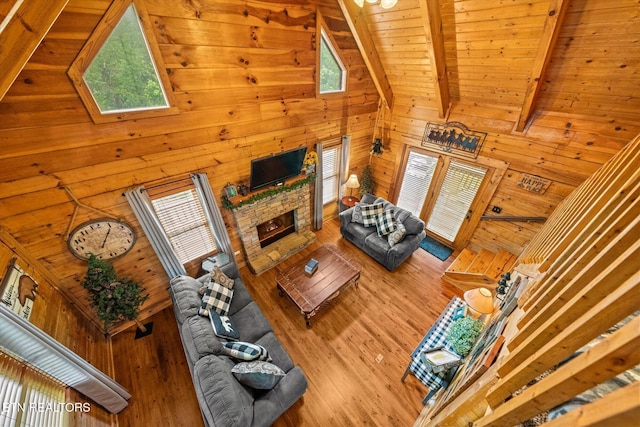 664 Kings Hills Blvd, Pigeon Forge, TN 37863 - living room with a wood ceiling with exposed beams, wood walls, plenty of natural light, a skylight, and wood finished floors