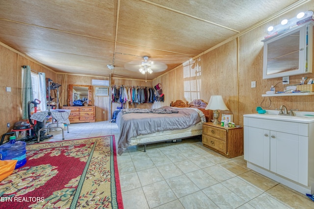 5271 Vardy Blackwater Rd, Sneedville, TN 37869 - bedroom with wooden walls, light tile patterned floors, and ornamental molding