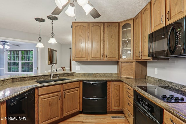317 Fallen Oak Cir, Seymour, TN 37865 - kitchen with a ceiling fan, black appliances, pendant lighting, brown cabinetry, and light wood finished floors