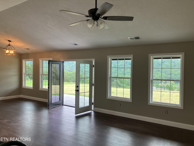 180 Sparks Landing Rd, Maynardville, TN 37807 - empty room with french doors, dark wood finished floors, a textured ceiling, and ceiling fan
