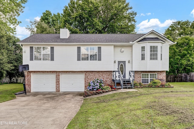 6718 Farmbrook Ln, Knoxville, TN 37918 - split foyer home featuring brick siding, an attached garage, concrete driveway, a chimney, and a shingled roof