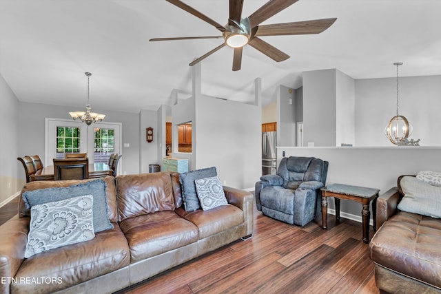 6718 Farmbrook Ln, Knoxville, TN 37918 - living area with a chandelier, wood finished floors, ceiling fan, and lofted ceiling