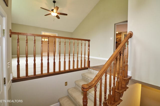 433 Clover Fork Dr, Knoxville, TN 37934 - staircase featuring a ceiling fan and lofted ceiling