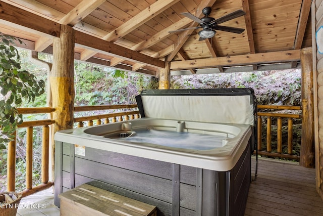 3014 N Clear Fork Rd, Sevierville, TN 37862 - wooden deck featuring a hot tub, ceiling fan, and a gazebo