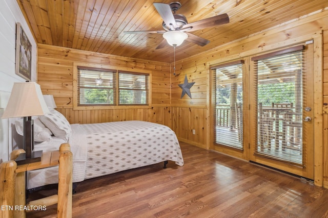 3014 N Clear Fork Rd, Sevierville, TN 37862 - bedroom featuring access to outside, wood ceiling, wood finished floors, wood walls, and a ceiling fan