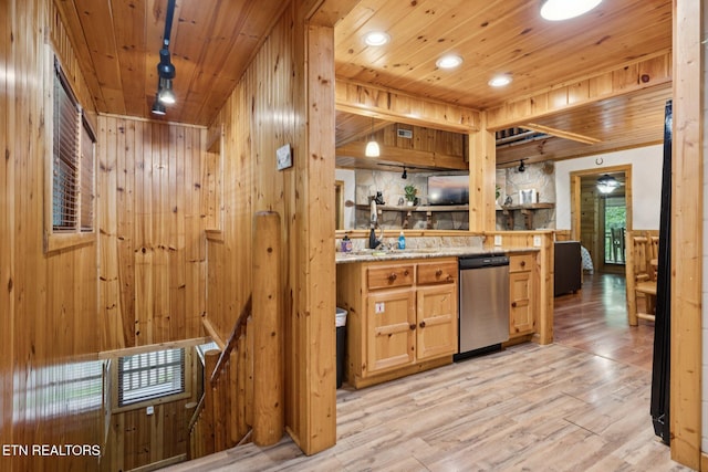 3014 N Clear Fork Rd, Sevierville, TN 37862 - kitchen featuring stainless steel dishwasher, light wood-type flooring, wooden ceiling, wooden walls, and light stone countertops