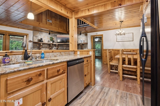 3014 N Clear Fork Rd, Sevierville, TN 37862 - kitchen with freestanding refrigerator, stainless steel dishwasher, wooden ceiling, light wood finished floors, and decorative light fixtures