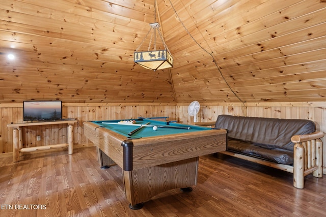 3014 N Clear Fork Rd, Sevierville, TN 37862 - playroom with wood finished floors, vaulted ceiling, pool table, wooden walls, and wood ceiling