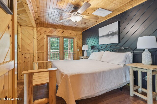 3014 N Clear Fork Rd, Sevierville, TN 37862 - bedroom featuring wood ceiling, wood walls, wood finished floors, and a ceiling fan