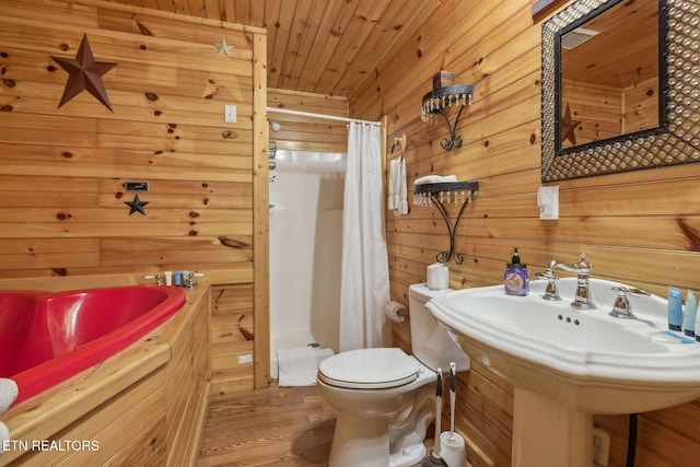 3014 N Clear Fork Rd, Sevierville, TN 37862 - full bathroom with wood walls, wood finished floors, a stall shower, and wood ceiling