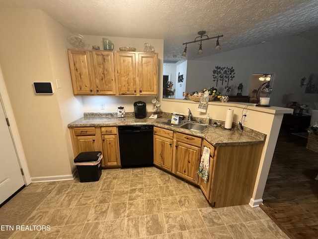 7808 Stone Garden Way, Powell, TN 37849 - kitchen featuring dishwasher, a peninsula, a textured ceiling, and brown cabinetry
