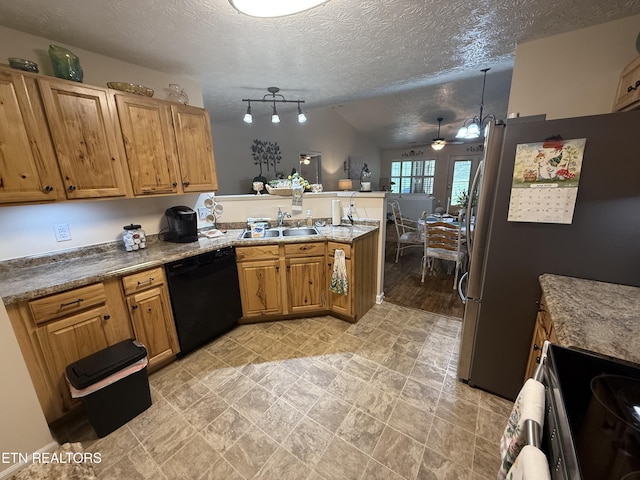 7808 Stone Garden Way, Powell, TN 37849 - kitchen with dishwasher, a peninsula, electric stove, ceiling fan, and a textured ceiling