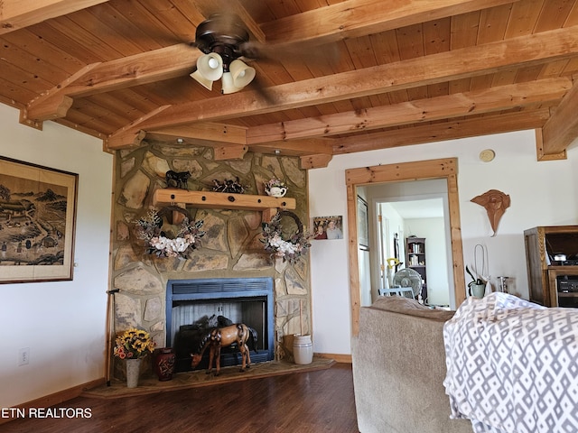 2440 Levee Way, Sevierville, TN 37876 - bedroom with a wooden ceiling with exposed beams, a fireplace, and wood finished floors