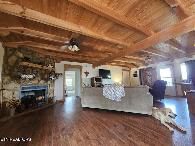 2440 Levee Way, Sevierville, TN 37876 - living room with a wood ceiling with exposed beams, wood finished floors, a fireplace, and a ceiling fan