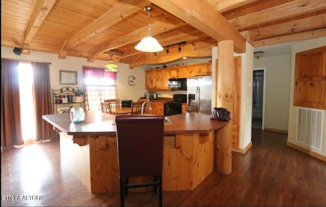 2440 Levee Way, Sevierville, TN 37876 - kitchen featuring stainless steel fridge with ice dispenser, black microwave, range, a wood ceiling with exposed beams, and dark wood-style floors