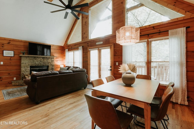 3653 Country Pines Way, Sevierville, TN 37876 - dining room featuring high vaulted ceiling, wooden walls, ceiling fan, a fireplace, and light wood-style flooring