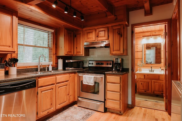 3653 Country Pines Way, Sevierville, TN 37876 - kitchen featuring stainless steel appliances, under cabinet range hood, a wooden ceiling with exposed beams, light wood-type flooring, and dark countertops