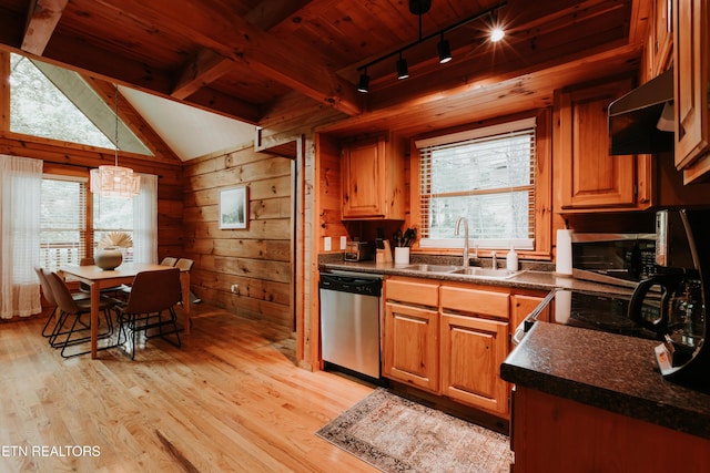 3653 Country Pines Way, Sevierville, TN 37876 - kitchen featuring stainless steel appliances, exhaust hood, track lighting, wood ceiling, and dark countertops