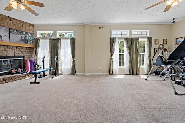 1914 Old Chilhowee Rd, Seymour, TN 37865 - exercise area with ceiling fan, ornamental molding, healthy amount of natural light, carpet floors, and a textured ceiling